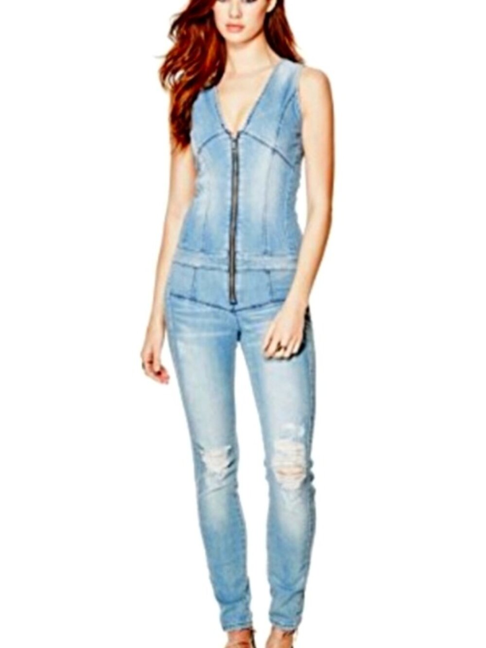 Guess Maxine Denim Jumpsuit - sleeveless/distressed